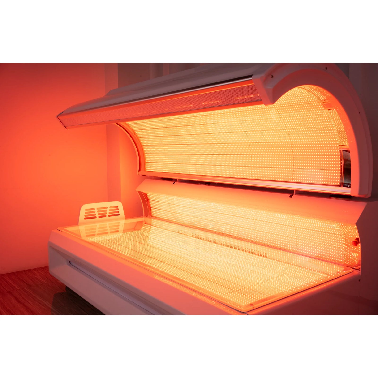 Merican M6N Whole-Body Red Light Therapy Bed – white bed with the canopy open and a warm glow