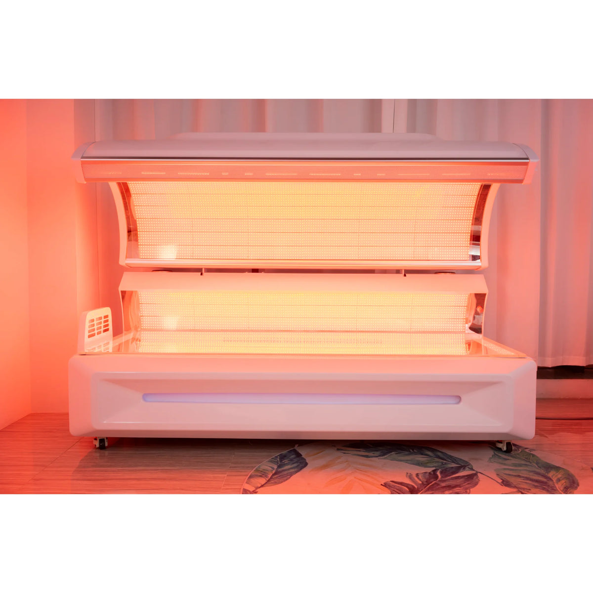 Merican M6N Whole-Body Red Light Therapy Bed – white bed with the canopy open and lights on