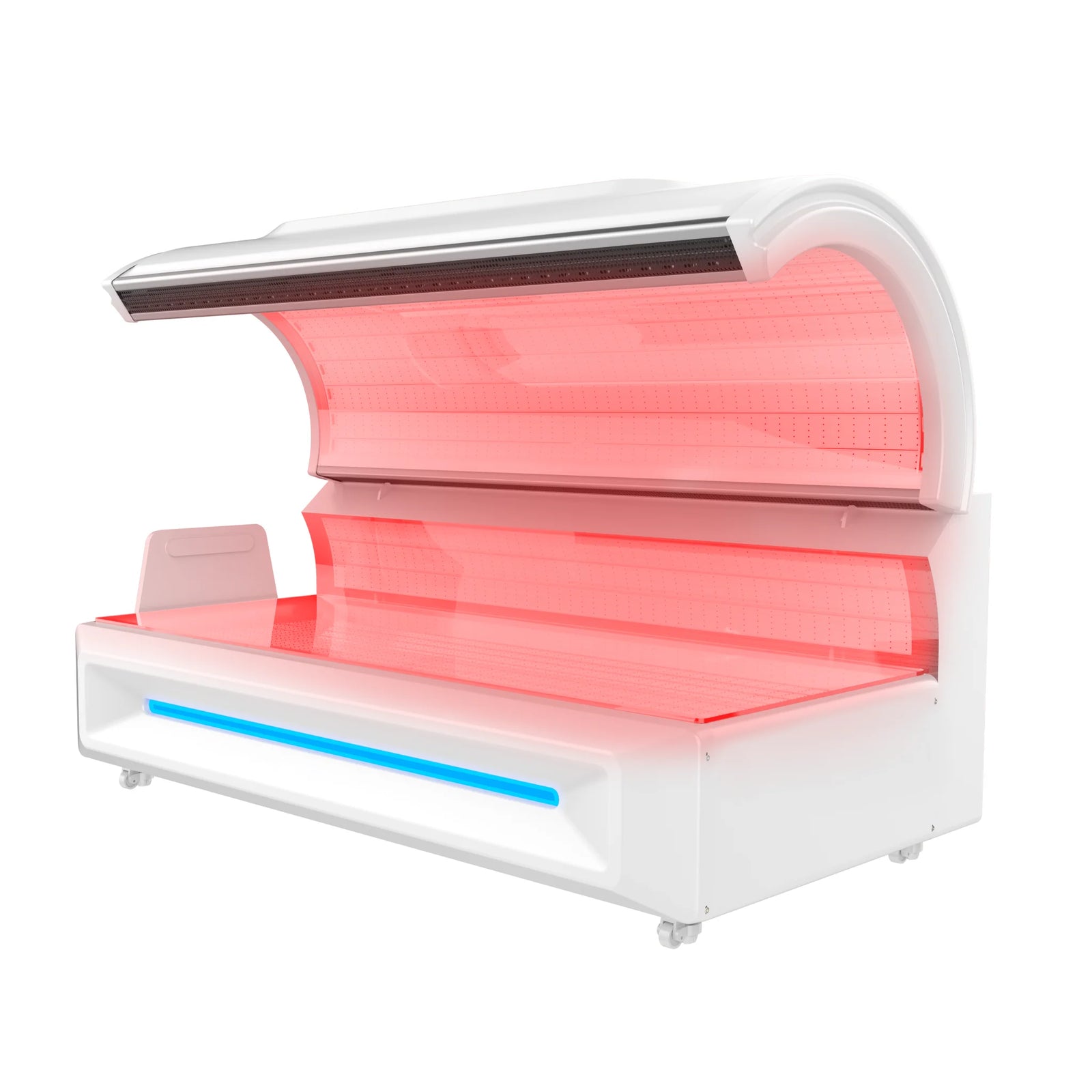 Merican M6N Whole-Body Red Light Therapy Bed – white bed with the canopy open and red lights