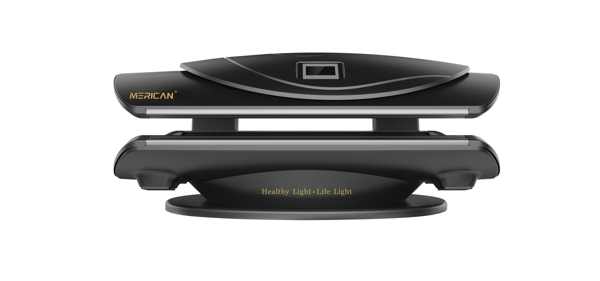 Merican MMB Plus whole-body red light therapy bed in Crystal Black, closed, straight front view with touch display