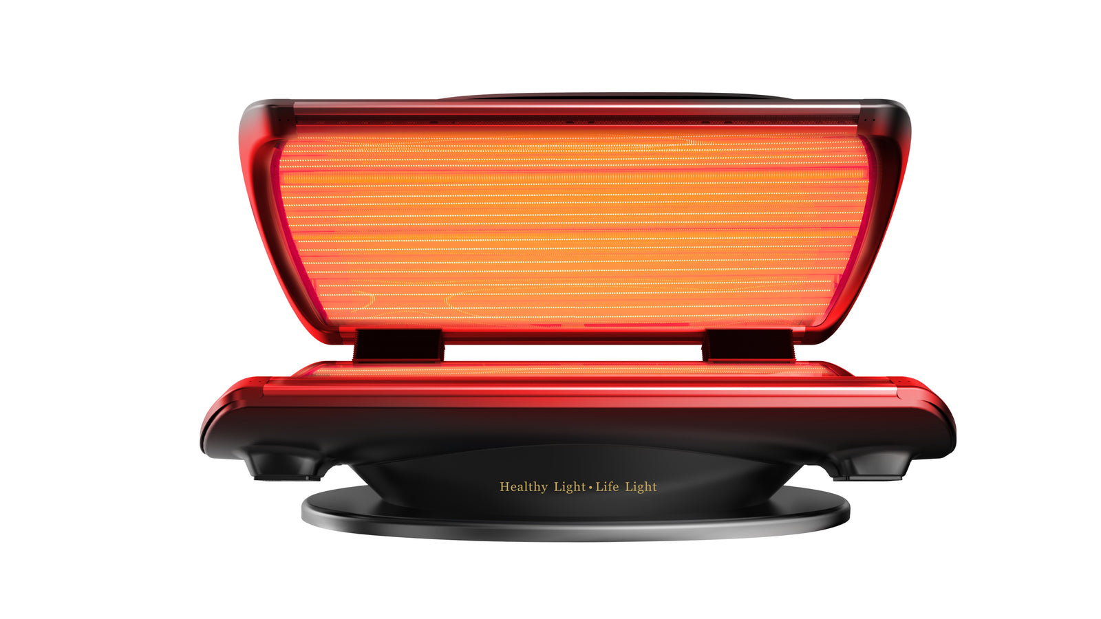 Merican MMB Plus whole-body red light therapy bed in Crystal Black, canopy open with red light on, straight front view