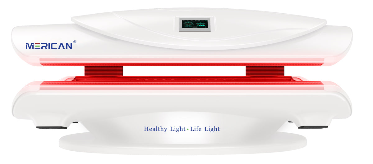 Merican MMB Plus whole-body red light therapy bed in Lunar White, closed, front view with red light along the cabin seam
