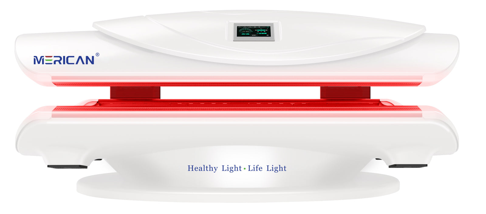Merican MMB Plus whole-body red light therapy bed in Lunar White, closed, front view with red light along the cabin seam