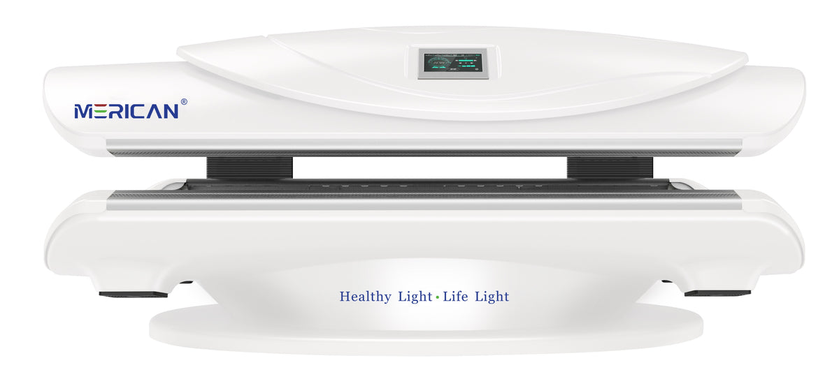 Merican MMB Plus whole-body red light therapy bed in Lunar White, closed, straight front view with touch display