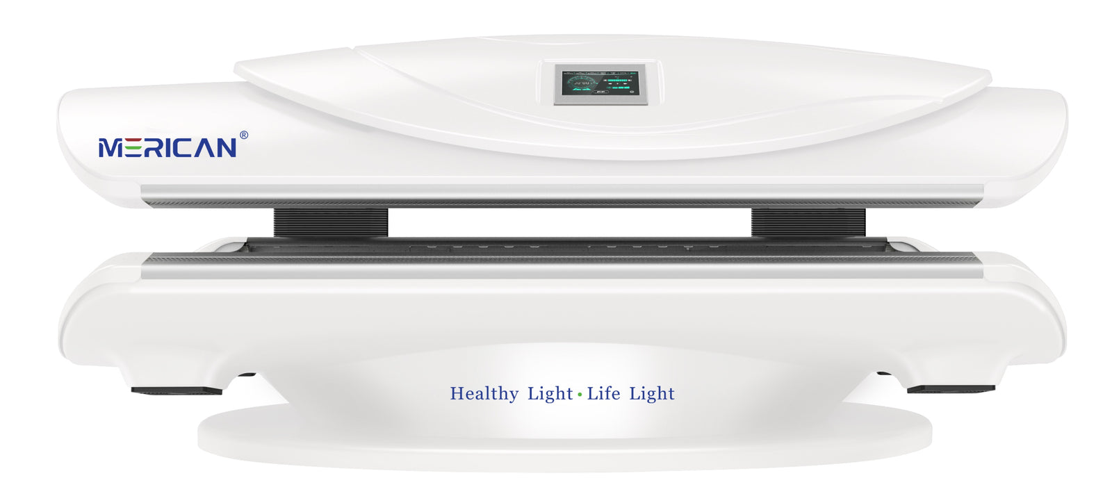 Merican MMB Plus whole-body red light therapy bed in Lunar White, closed, straight front view with touch display