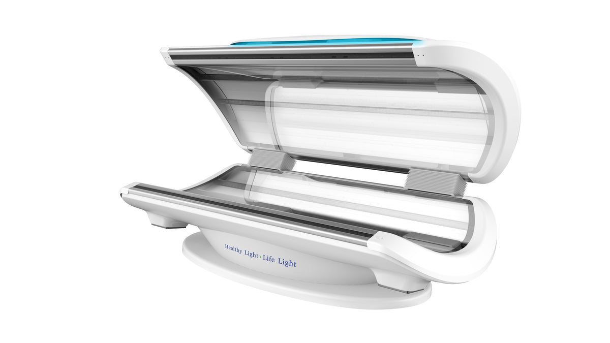 Merican MMB Plus whole-body red light therapy bed in Lunar White, canopy open, angled view with blue light strip on the canopy