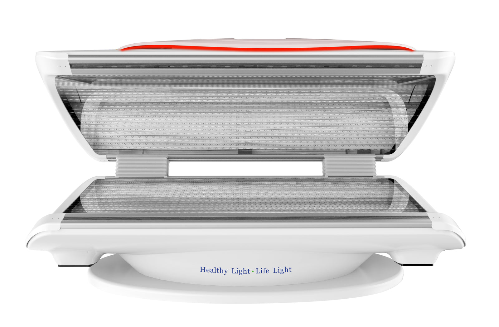 Merican MMB Plus whole-body red light therapy bed in Lunar White, canopy open, straight front view of the lamp panels