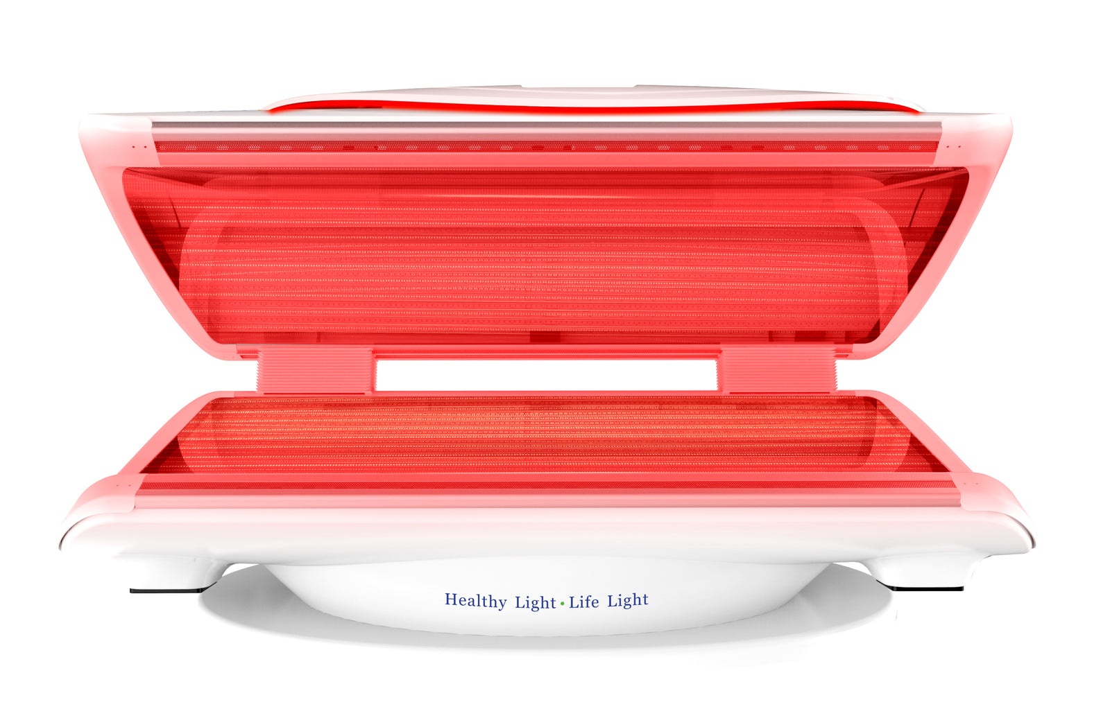 Merican MMB Plus whole-body red light therapy bed in Lunar White, canopy open with red light on, close front view