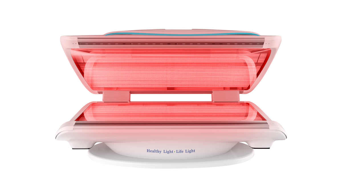 Merican MMB Plus whole-body red light therapy bed in Lunar White, canopy open with red light on, straight front view