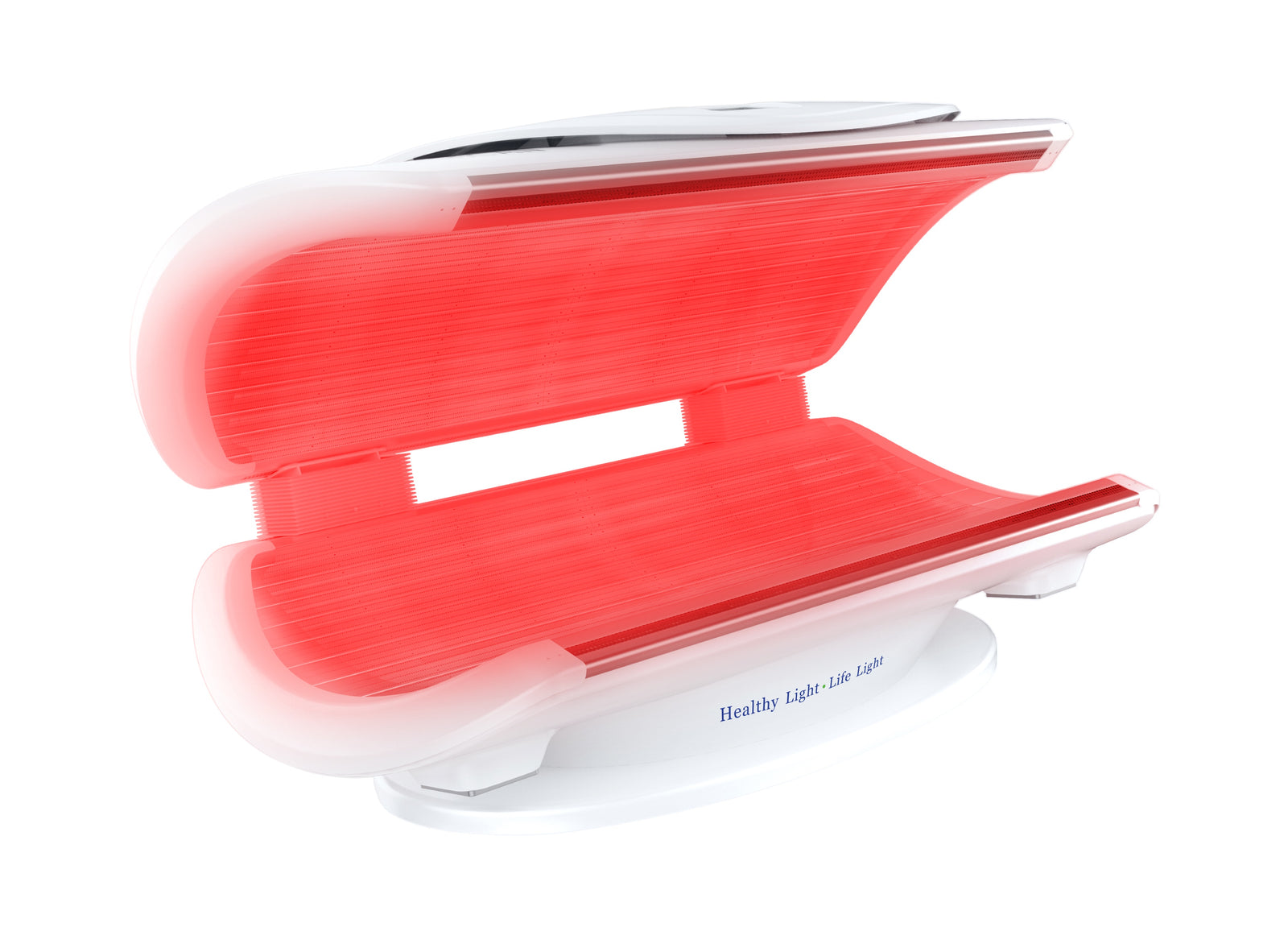 Merican MMB Plus whole-body red light therapy bed in Lunar White, canopy open with red light on, angled view of the contoured cabin