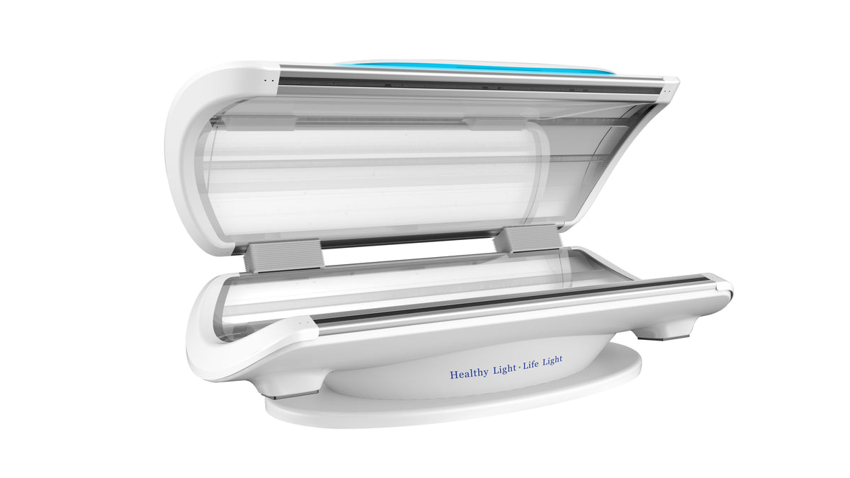 Merican MMB Plus whole-body red light therapy bed in Lunar White, canopy open, side angled view with blue light strip on the canopy