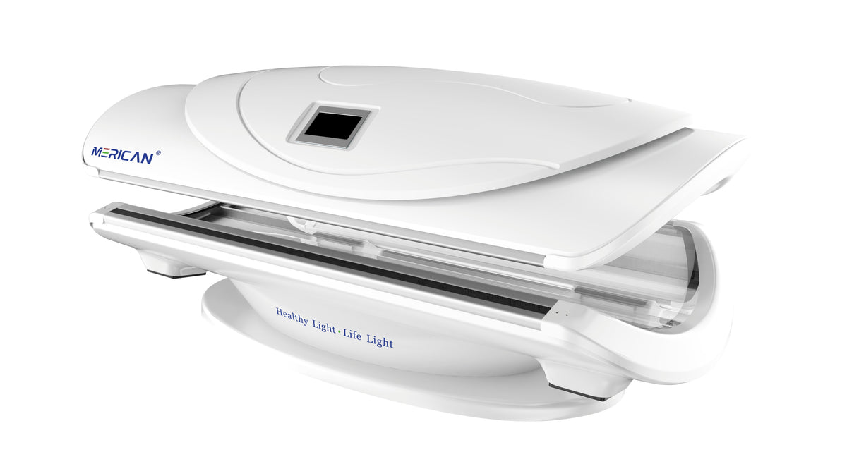 Merican MMB Plus whole-body red light therapy bed in Lunar White, canopy partly open, wide angled view of the contoured cabin