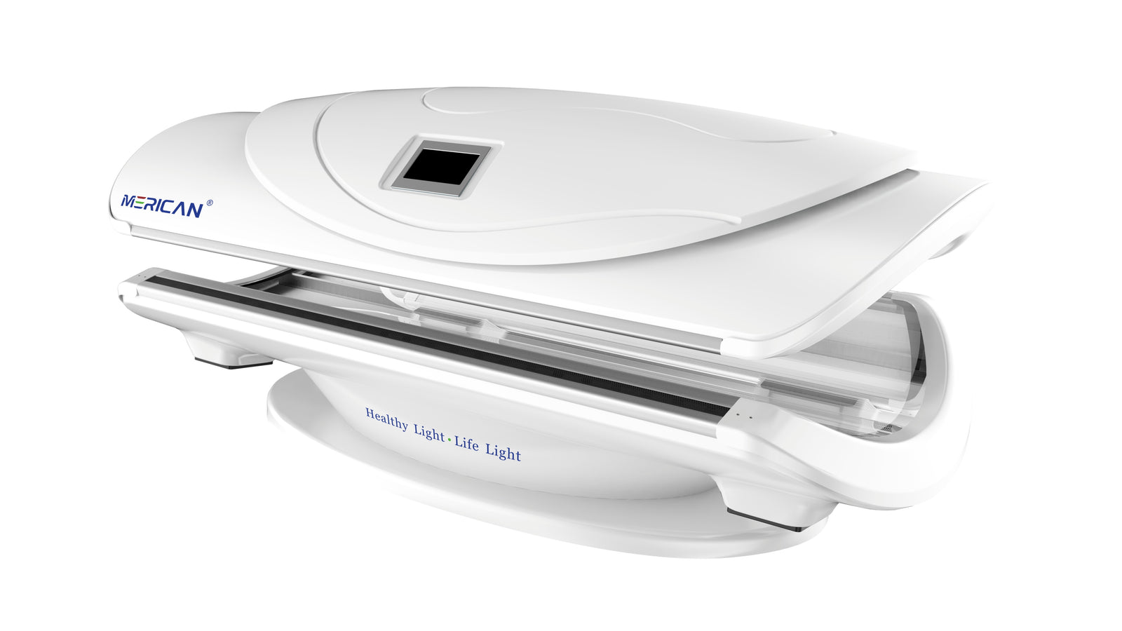 Merican MMB Plus whole-body red light therapy bed in Lunar White, canopy partly open, wide angled view of the contoured cabin
