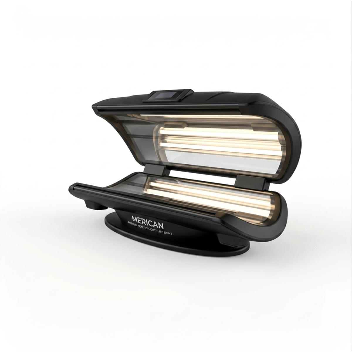 Merican MMB Whole-Body Red Light Therapy Bed – black bed with the canopy open and lights on