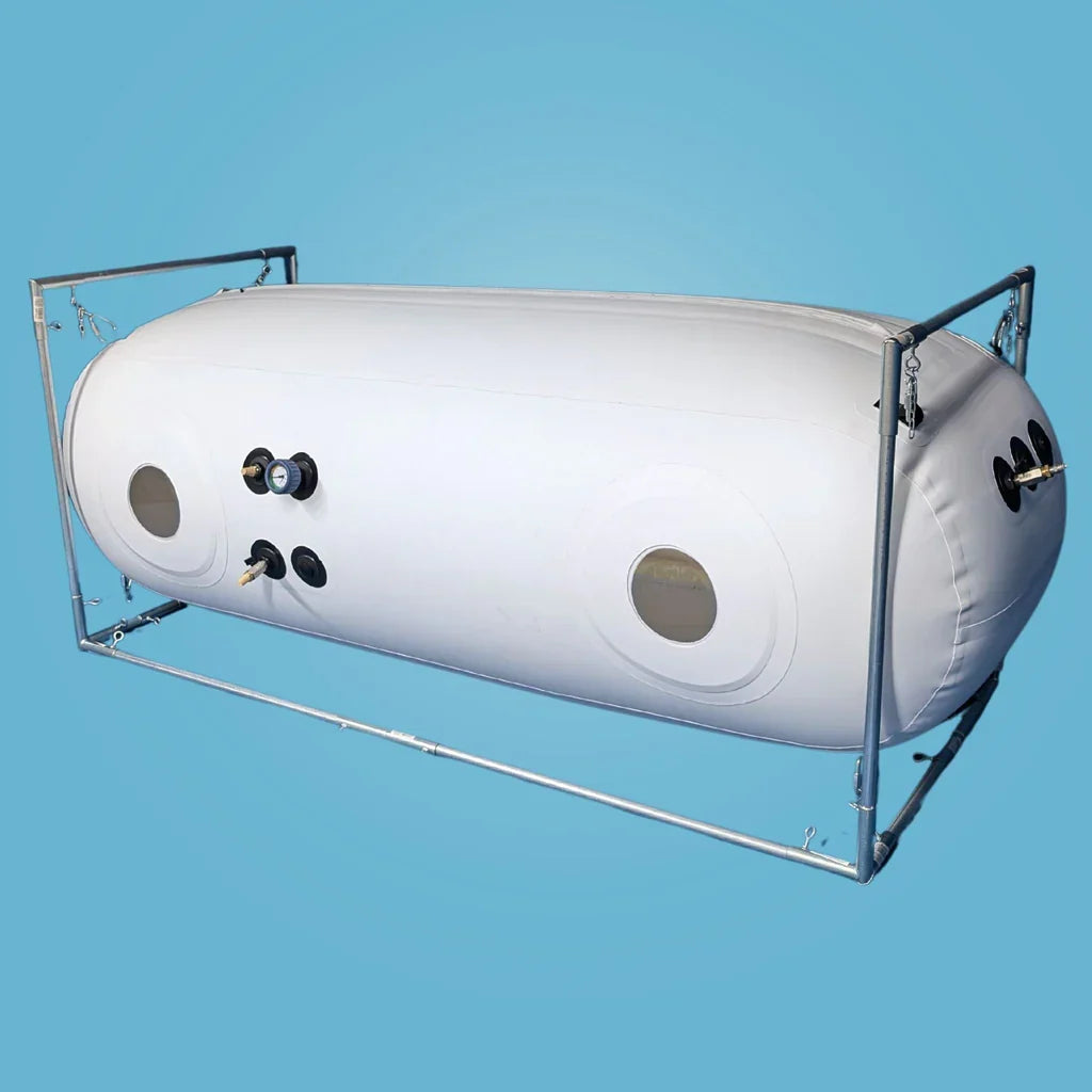 Newtowne Hyperbarics C4-34 Home Hyperbaric Chamber – white chamber on a steel frame