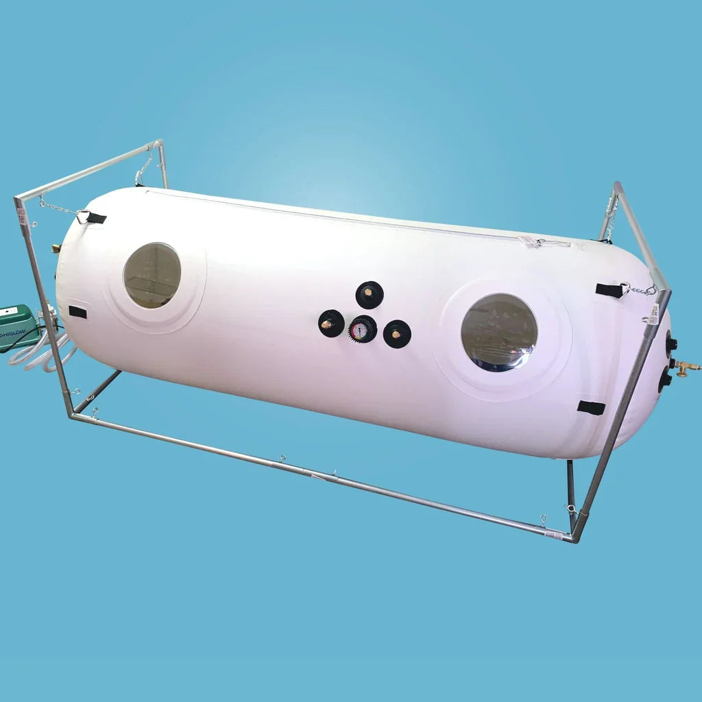 Newtowne Hyperbarics C4-40 Home Hyperbaric Chamber – chamber on a frame with a blue background