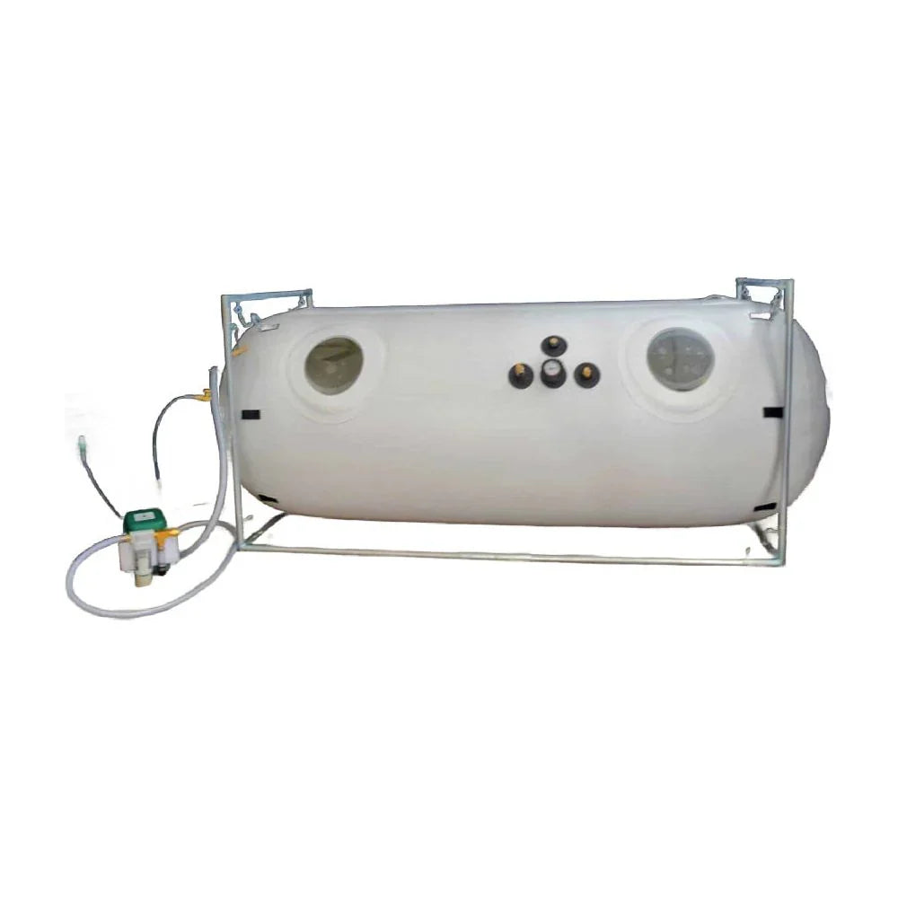 Newtowne Hyperbarics C4-40 Home Hyperbaric Chamber – white chamber on a metal frame