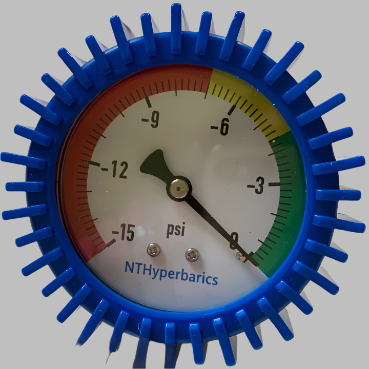 Newtowne Long Shoe Hyperbaric Chamber – close-up of a vacuum gauge