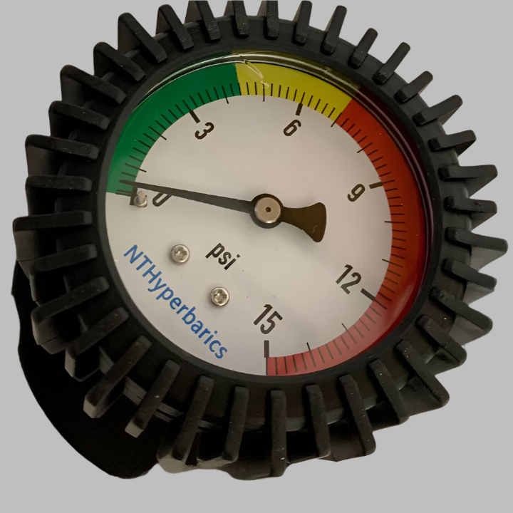 Newtowne Long Shoe Hyperbaric Chamber – close-up of the pressure gauge