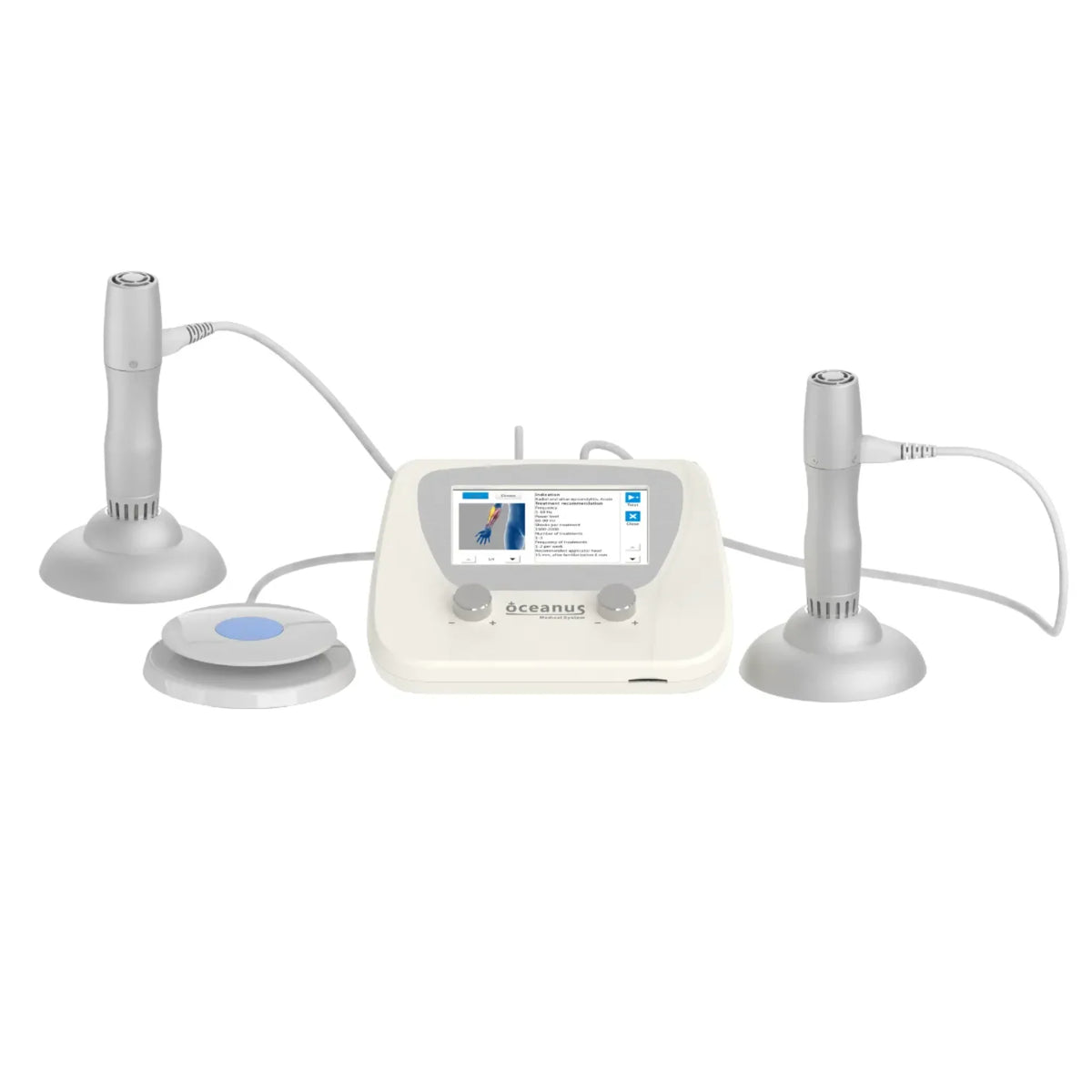 PhysioPRO control unit shown with two handpieces on stands and a foot switch