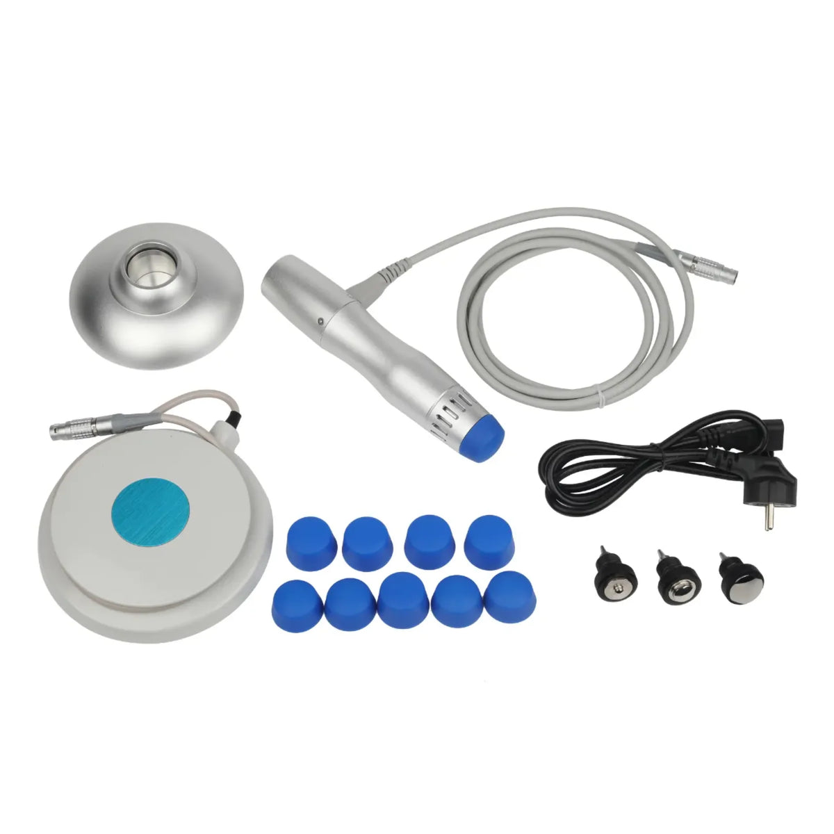 PhysioPRO standard accessories: handle pedestal, handpiece, foot switch, power cable, silicone caps and three applicator heads