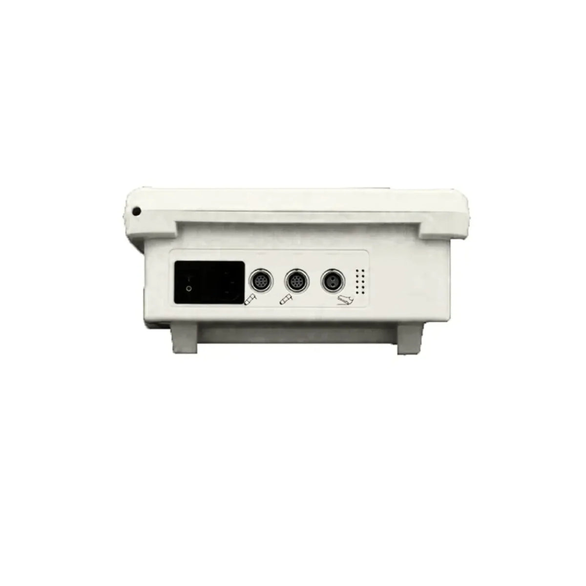 Back panel of the PhysioPRO control unit showing handpiece, foot switch and power connections