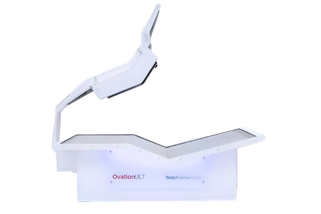 OvationULT red light therapy bed with canopy fully open, shown in powered-off position.