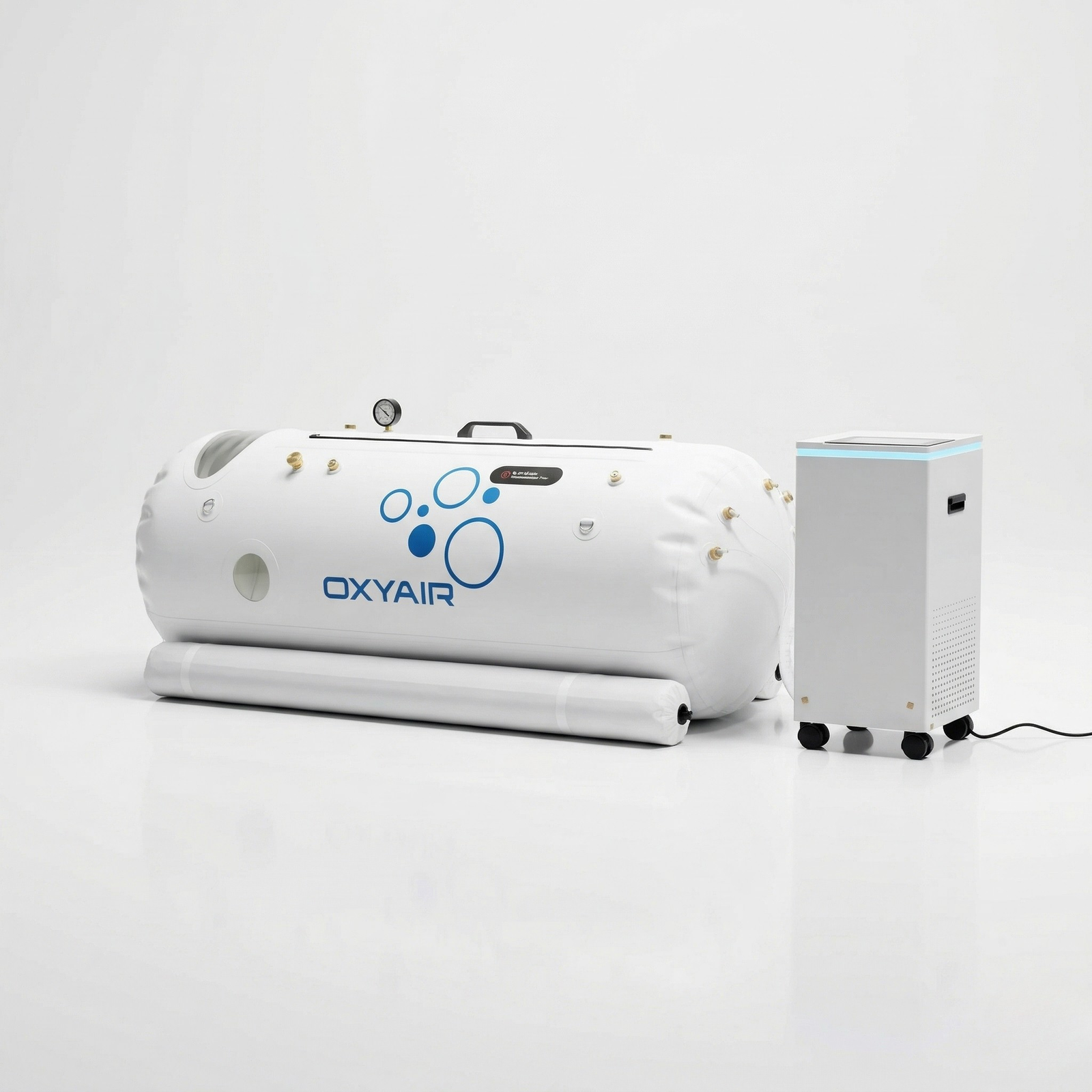 Oxyair OLV-RT01 Soft Lying Hyperbaric Chamber – chamber at an angle beside a machine