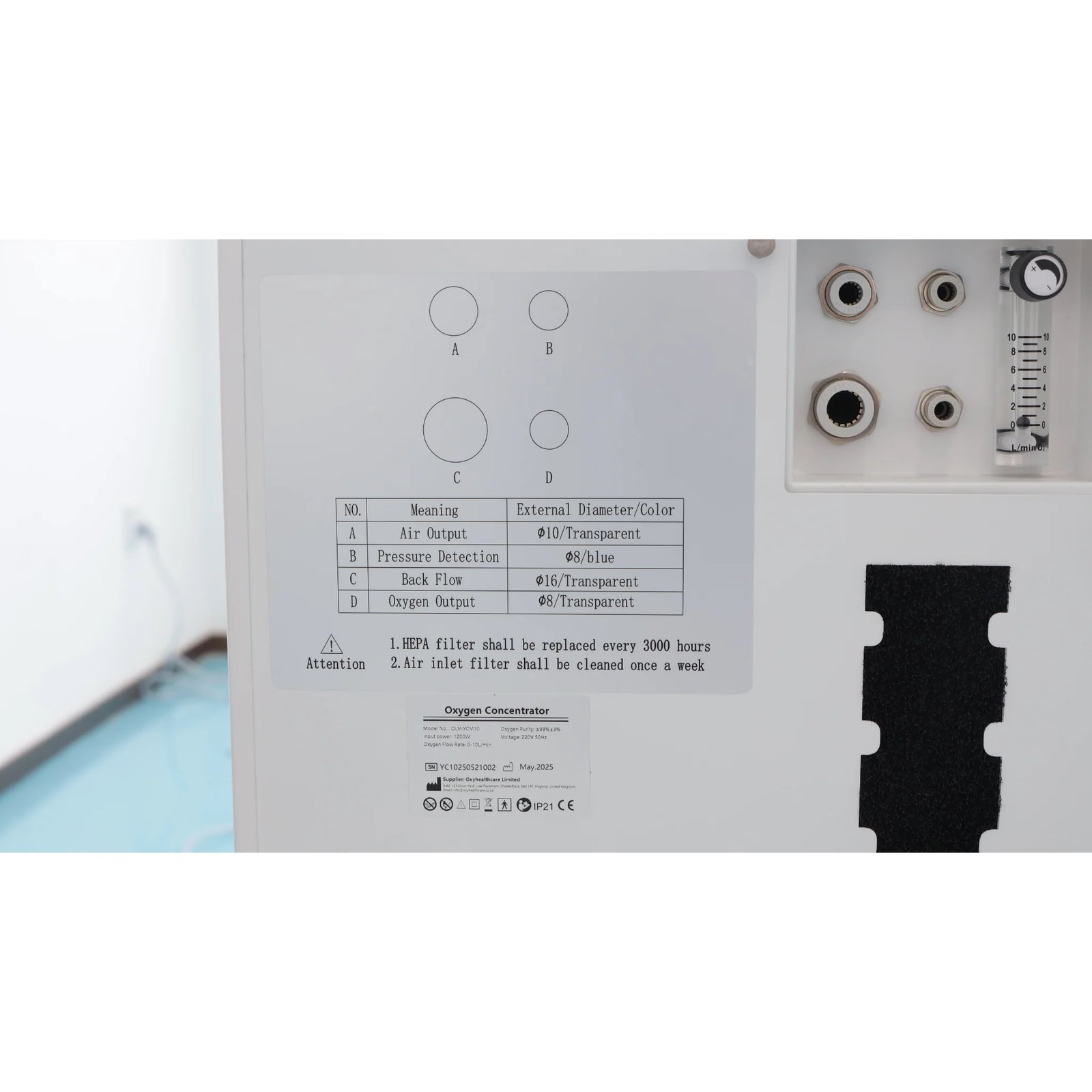 Oxyair OLV-RT01 Soft Lying Hyperbaric Chamber – close-up of the machine label and connections