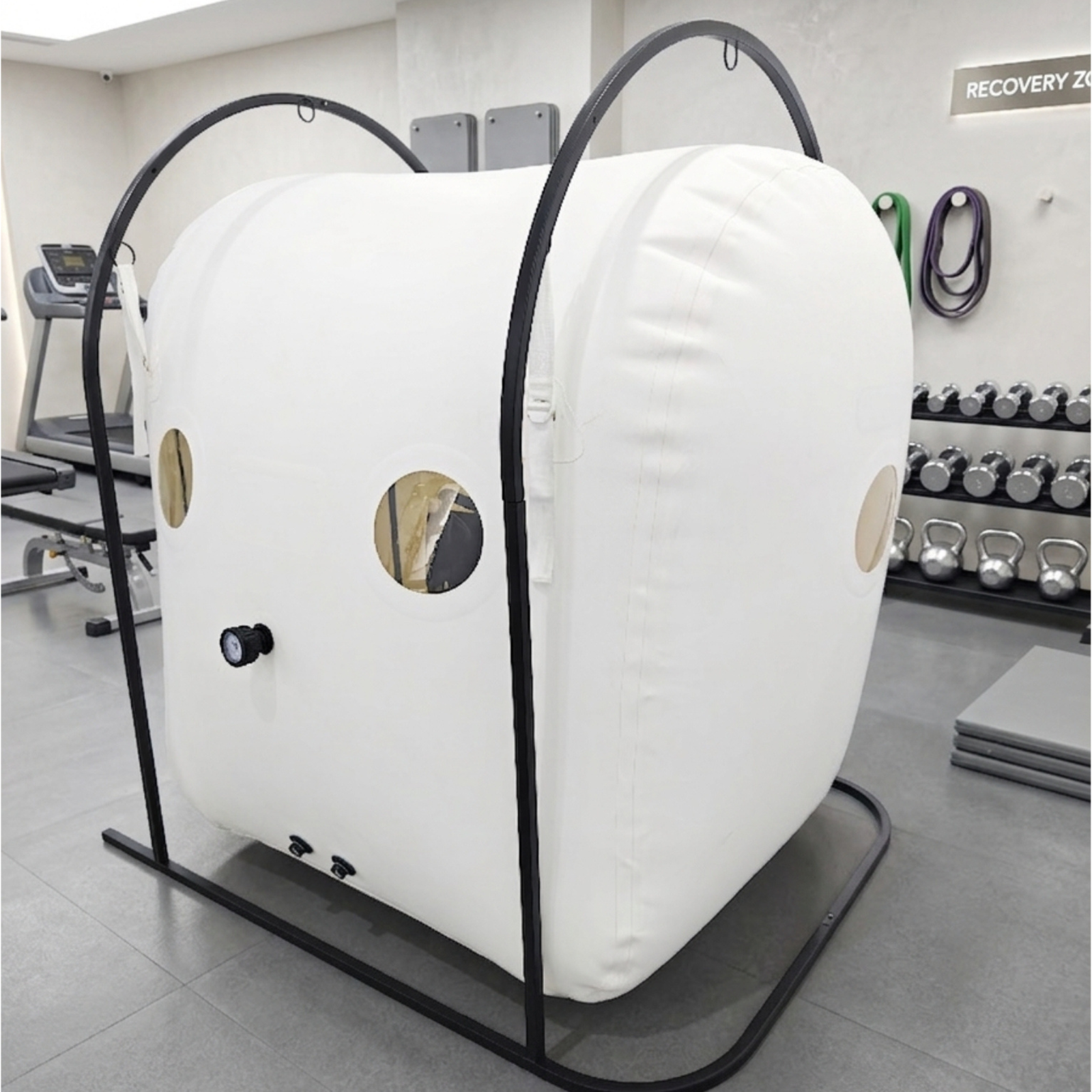 Oxyair OLV-RW01 Wheelchair-Accessible Hyperbaric Chamber – chamber on a frame in a gym