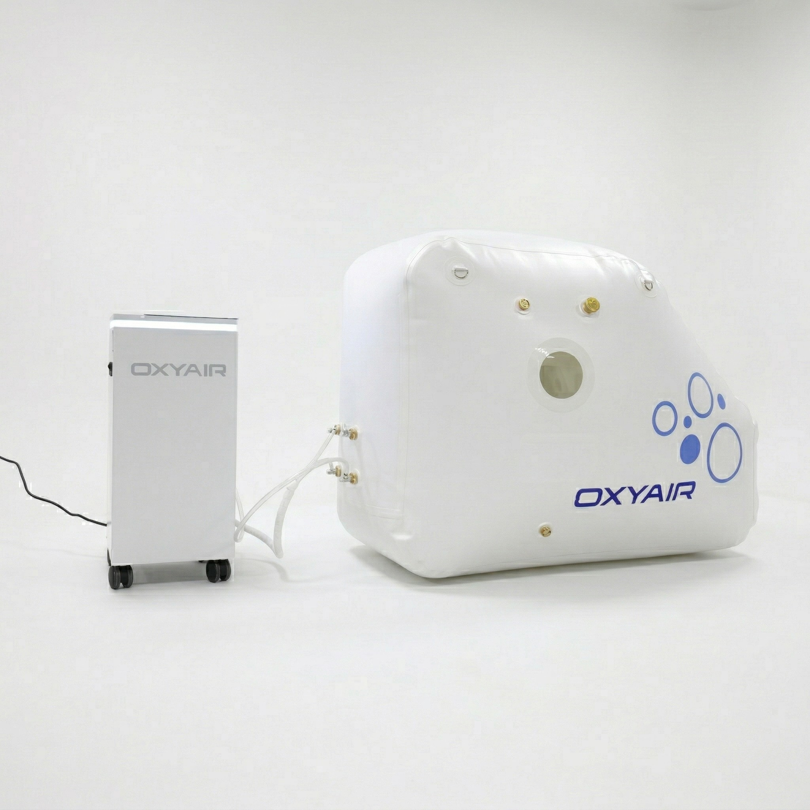 Oxyair OLV-RZ01 Portable Soft Sitting Hyperbaric Chamber – chamber with a tall machine on the left