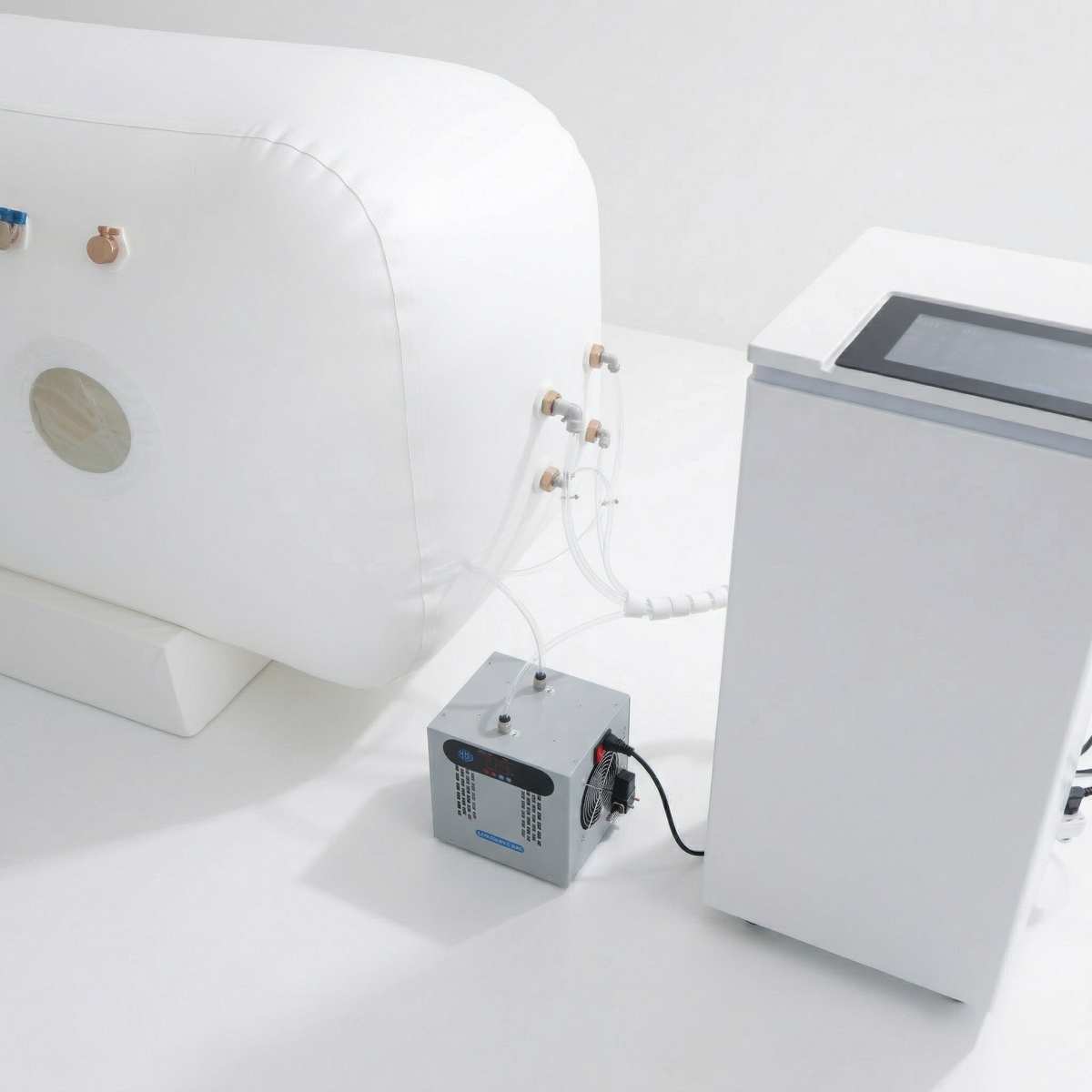 Oxyair OLV-RZ01 Portable Soft Sitting Hyperbaric Chamber – close-up of the chamber and air compressor
