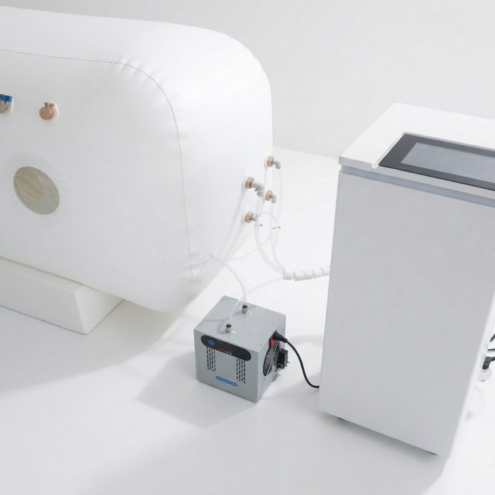 Oxyair OLV-RZ01 Portable Soft Sitting Hyperbaric Chamber – close-up of the chamber and air compressor