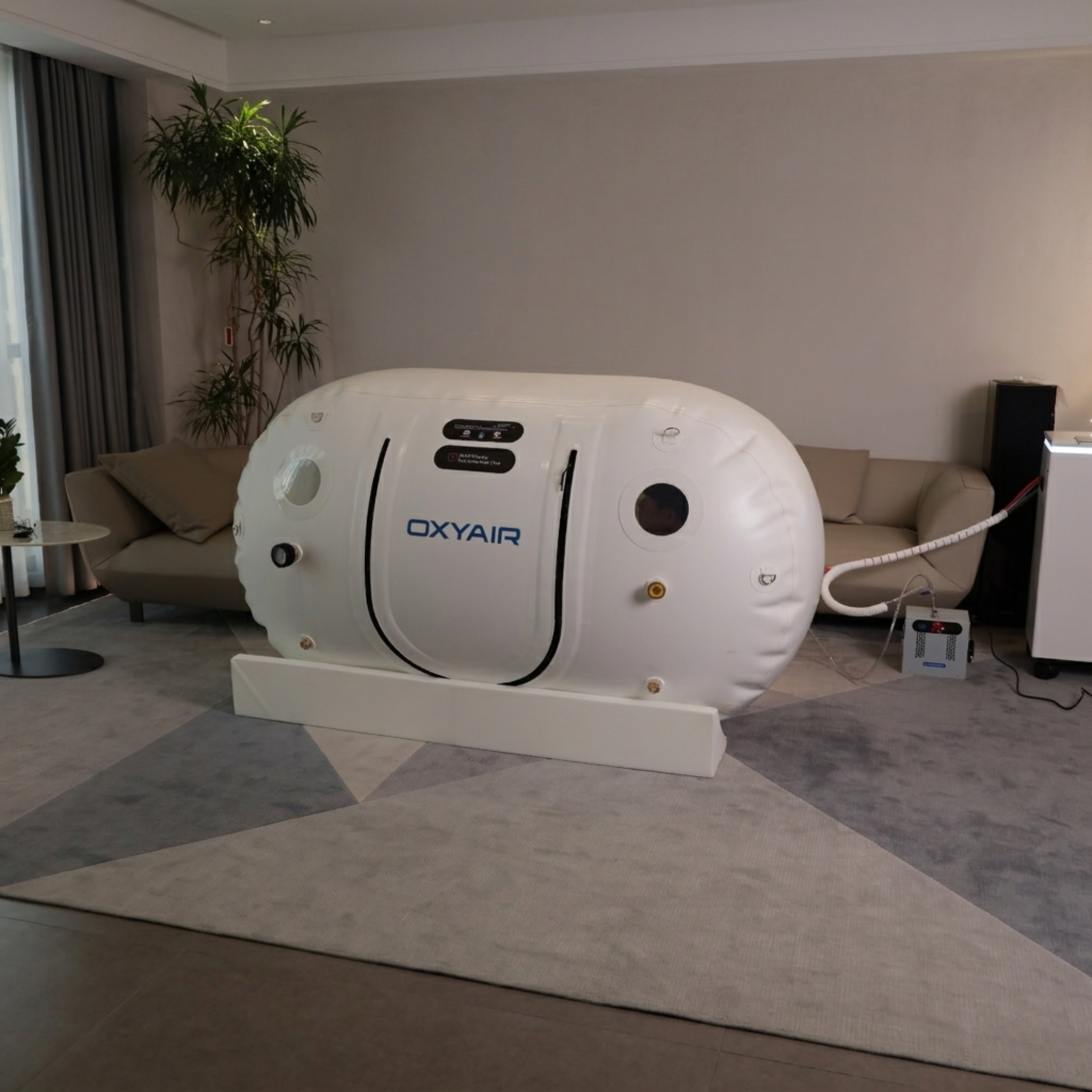 Oxyair OLV-RZT01 Soft Hyperbaric Chamber – chamber beside a sofa at an angle
