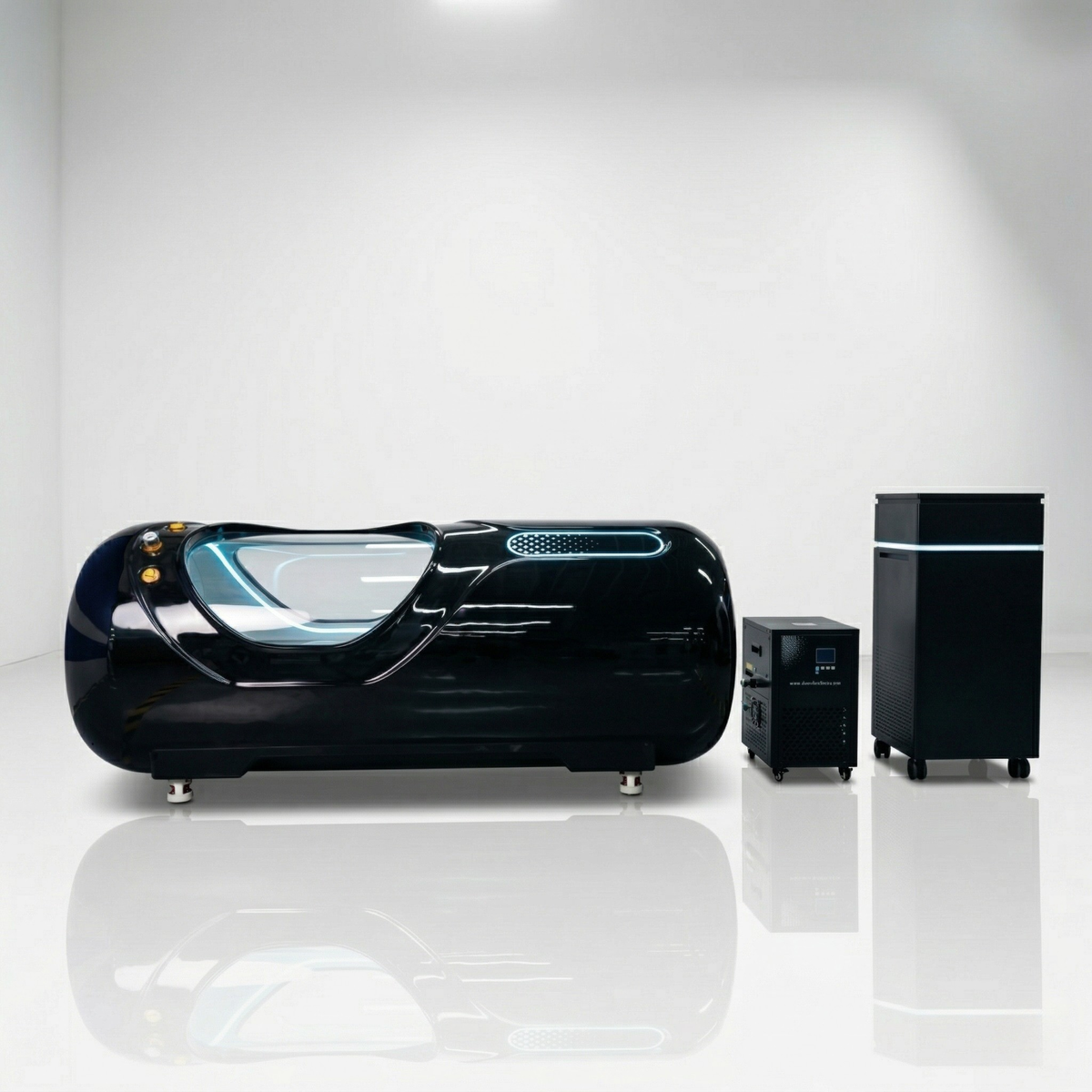 Oxyair OLV-YTD02 2.0 ATA Hard-Shell Hyperbaric Chamber – black chamber beside its machines