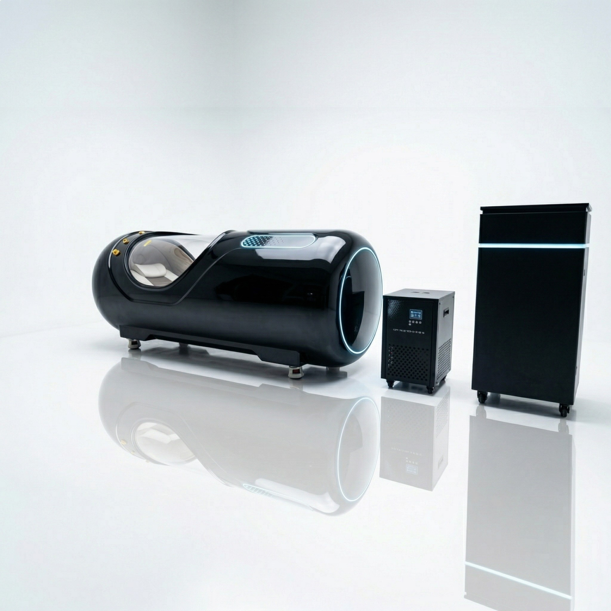 Oxyair OLV-YTD02 2.0 ATA Hard-Shell Hyperbaric Chamber – black chamber with a side machine