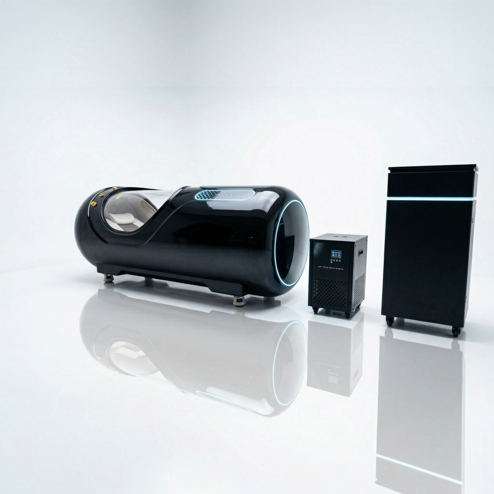 Oxyair OLV-YTD02 2.0 ATA Hard-Shell Hyperbaric Chamber – black chamber with a side machine