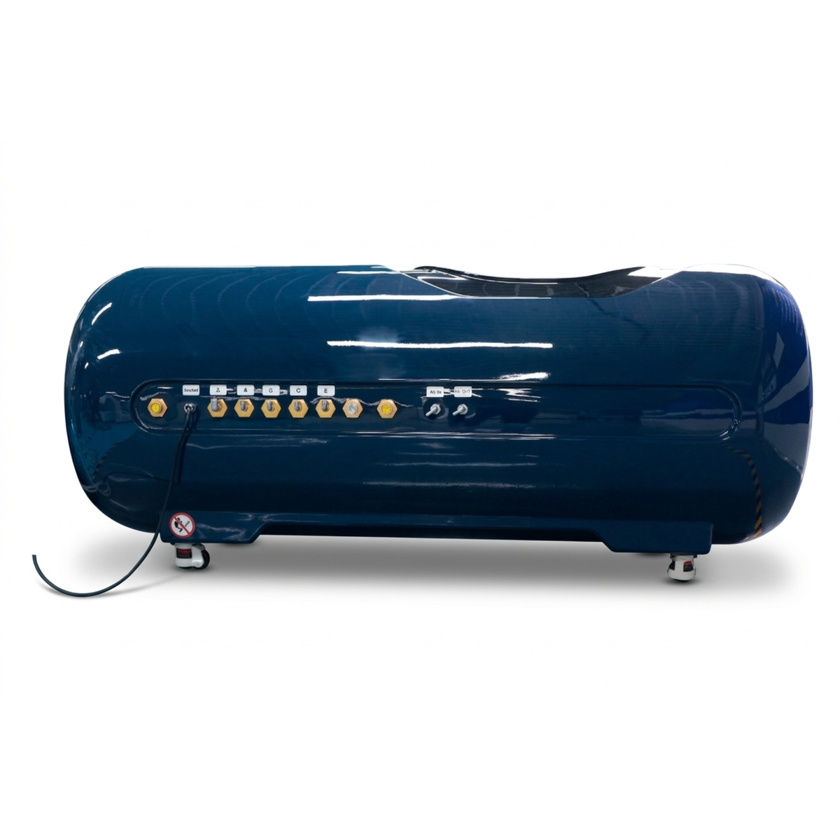 Oxyair OLV-YTD02 2.0 ATA Hard-Shell Hyperbaric Chamber – dark teal chamber side with brass ports