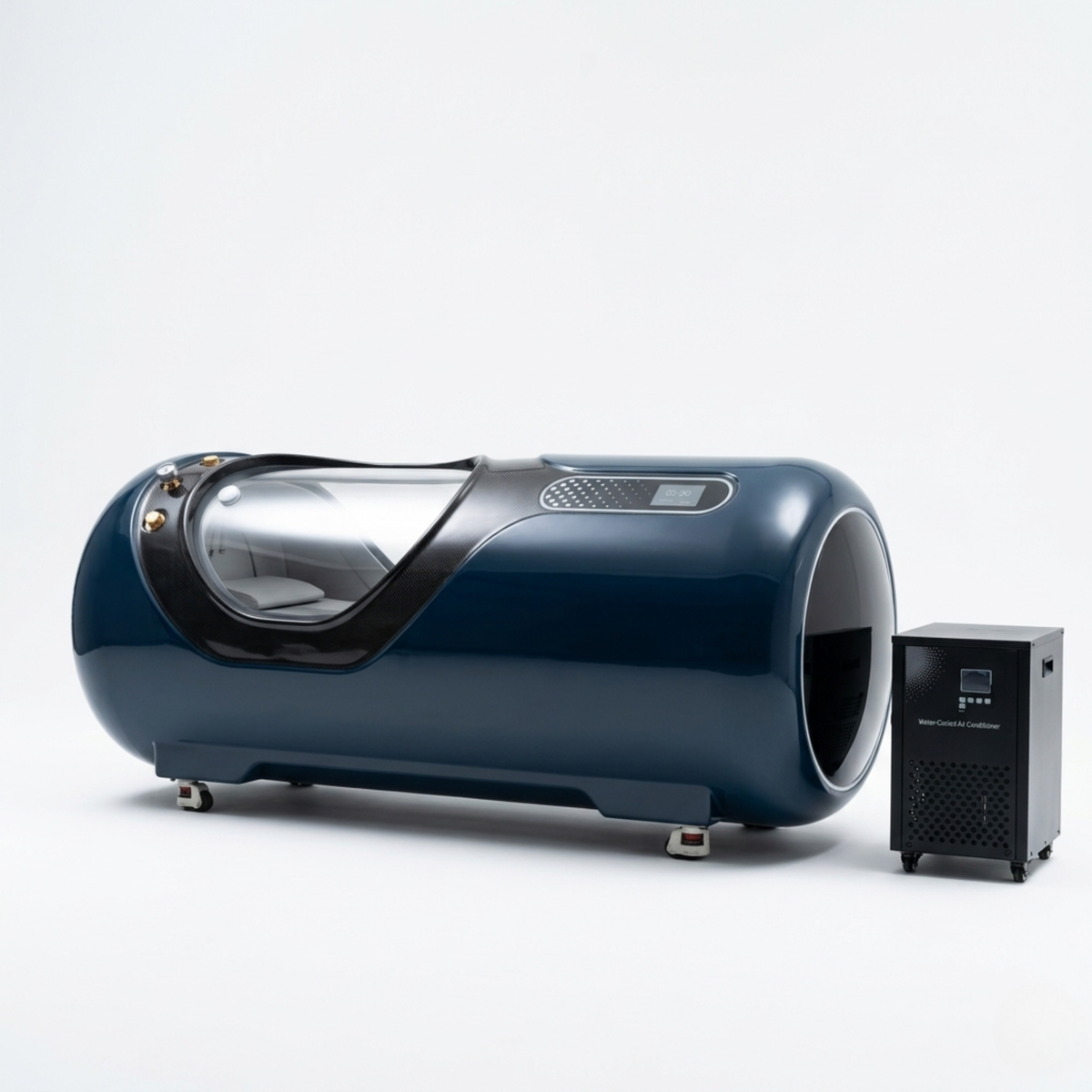 Oxyair OLV-YTD02 2.0 ATA Hard-Shell Hyperbaric Chamber – dark teal chamber with a machine
