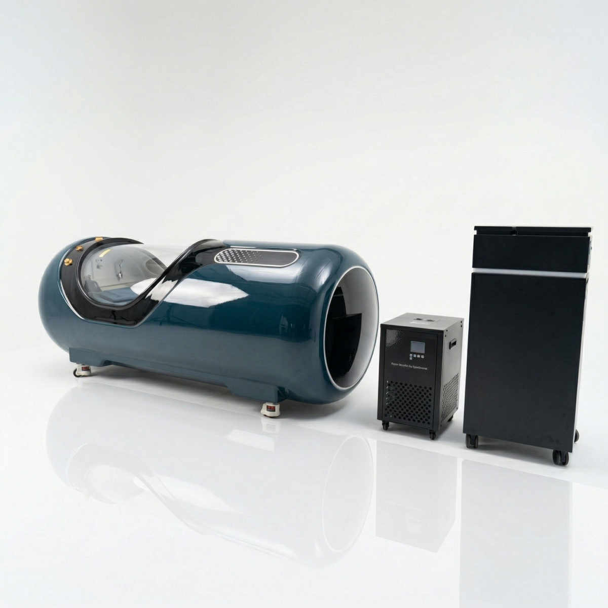Oxyair OLV-YTD02 2.0 ATA Hard-Shell Hyperbaric Chamber – dark teal chamber with two machines
