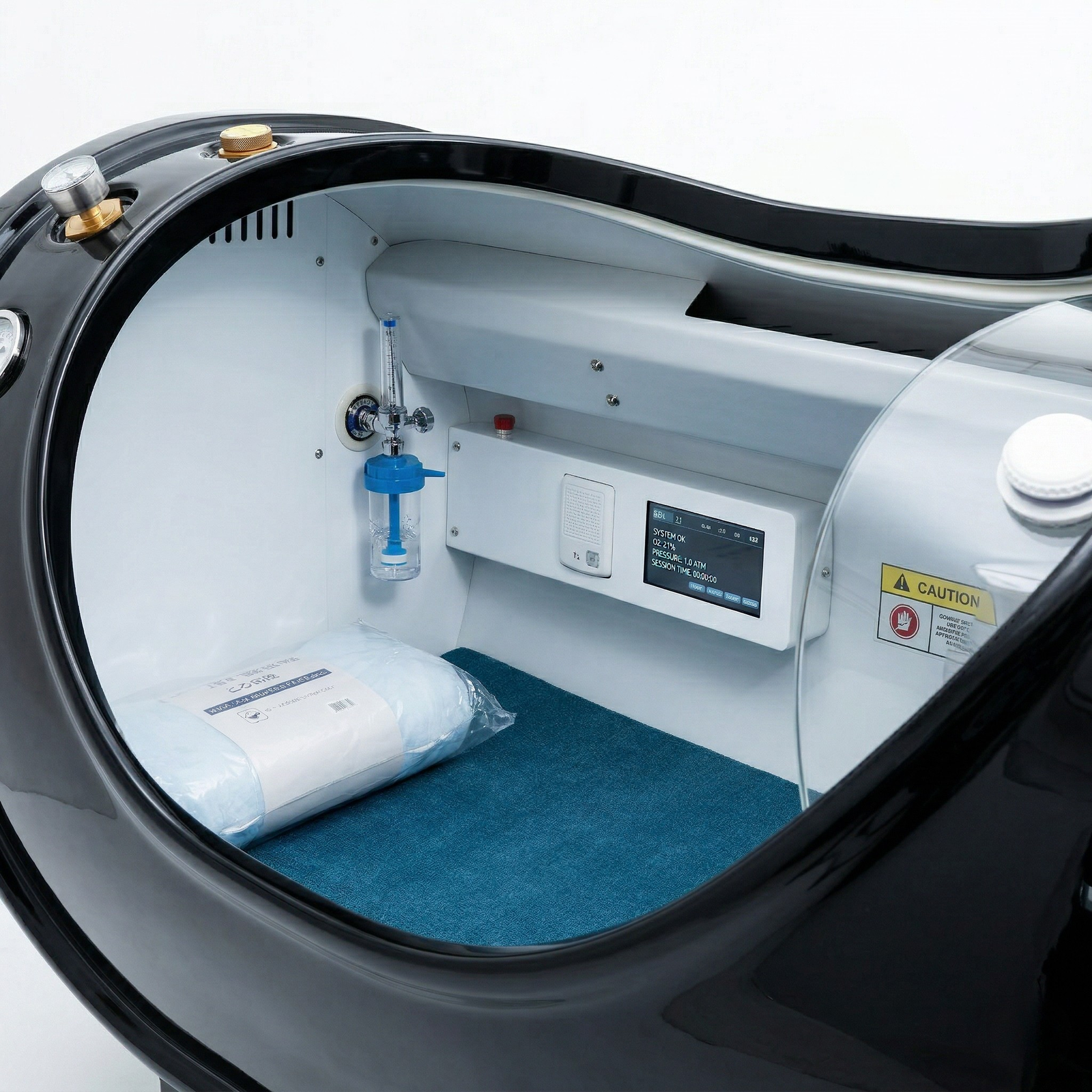 Oxyair OLV-YTD02 2.0 ATA Hard-Shell Hyperbaric Chamber – interior seen through the viewing window
