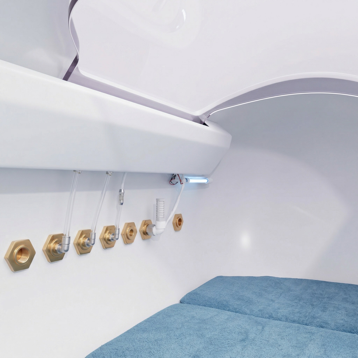 Oxyair OLV-YTD02 2.0 ATA Hard-Shell Hyperbaric Chamber – interior wall with brass ports