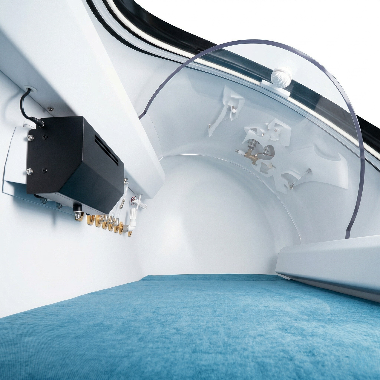 Oxyair OLV-YTD02 2.0 ATA Hard-Shell Hyperbaric Chamber – interior with a mattress and brass ports