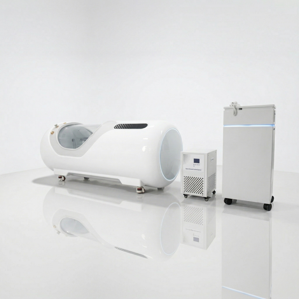 Oxyair OLV-YTD02 2.0 ATA Hard-Shell Hyperbaric Chamber – white chamber beside its machines