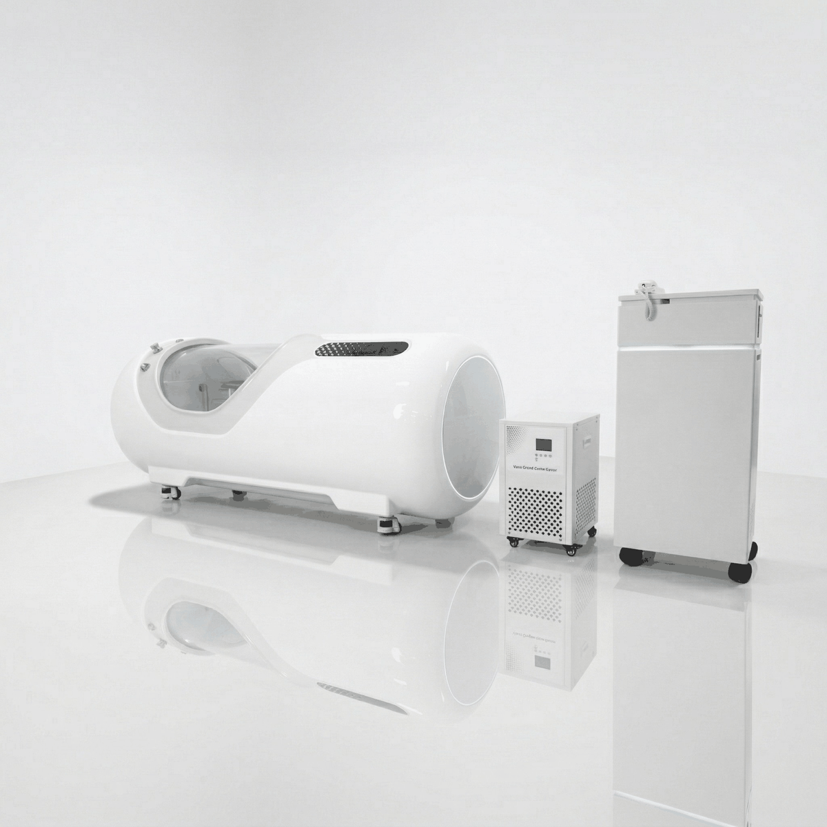 Oxyair OLV-YTD02 2.0 ATA Hard-Shell Hyperbaric Chamber – white chamber beside its machines
