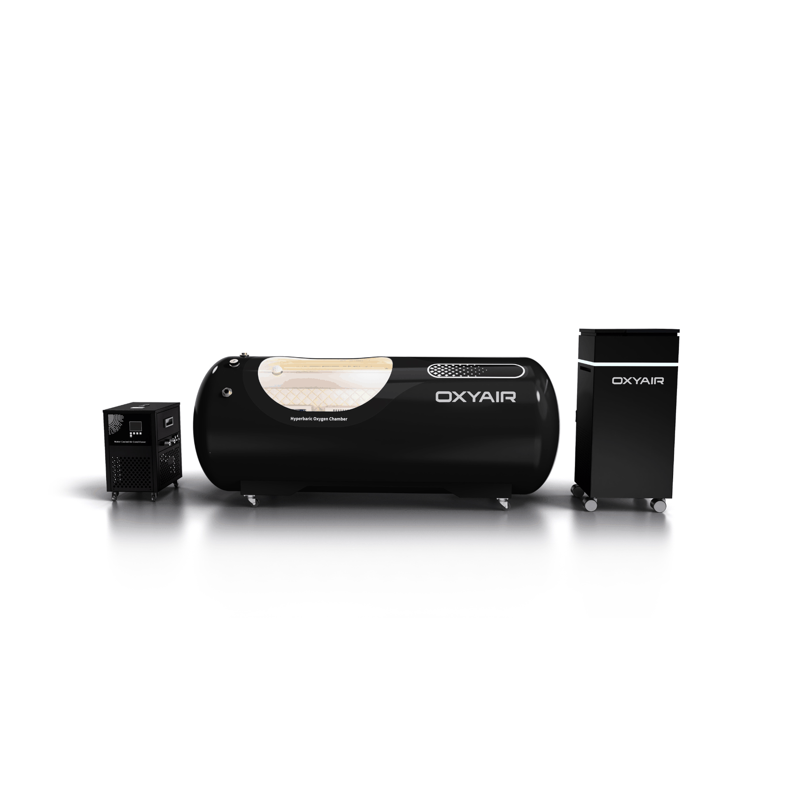 Oxyair OLV-YTD04 1.5–2.0 ATA Hard-Shell Hyperbaric Chamber – black chamber beside its machines