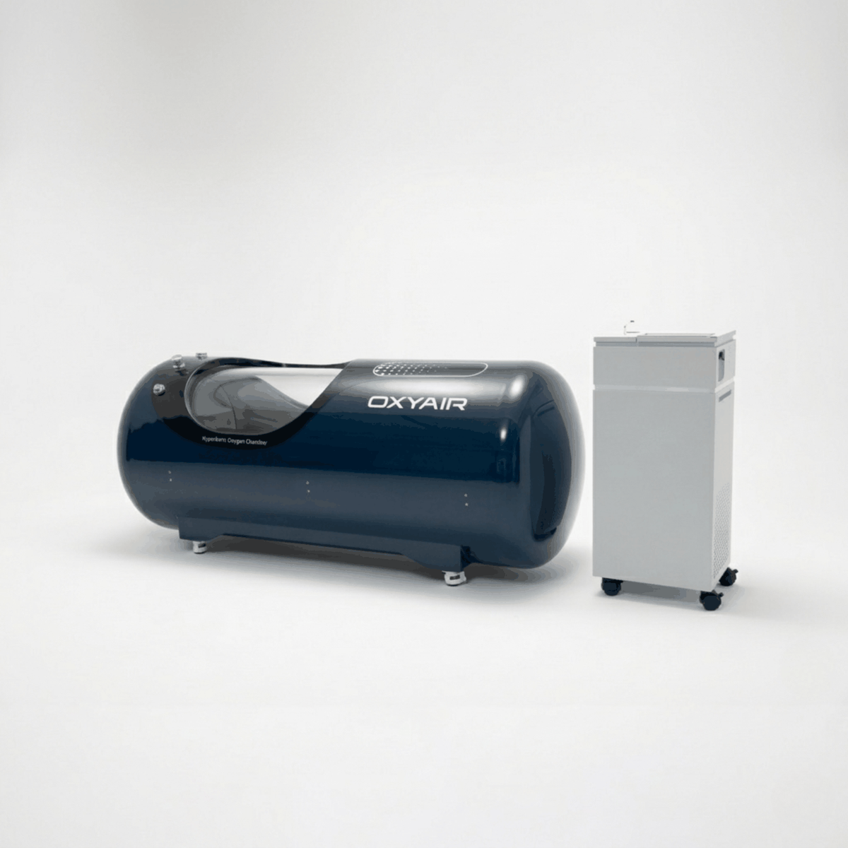 Oxyair OLV-YTD04 1.5–2.0 ATA Hard-Shell Hyperbaric Chamber – dark blue chamber with a machine