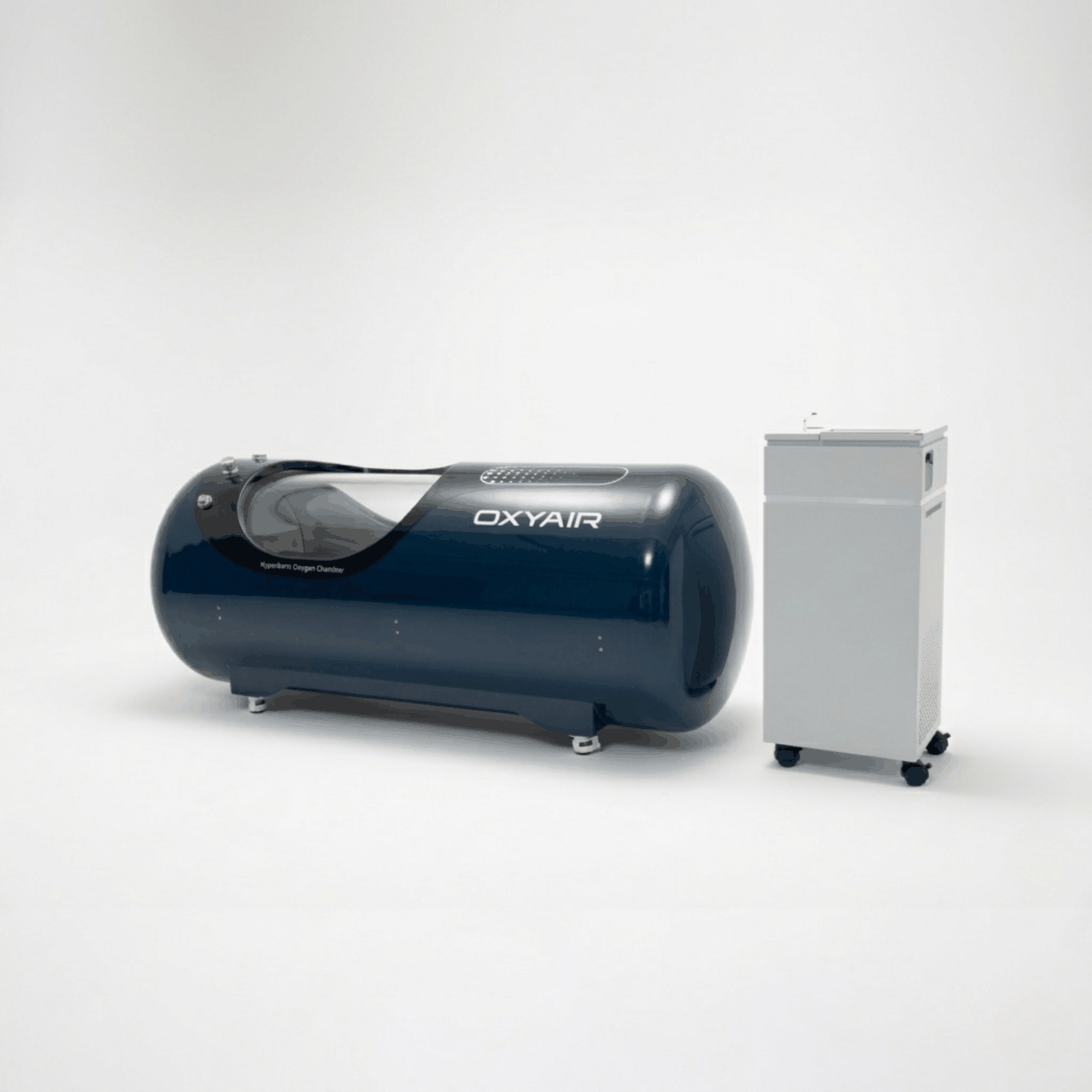 Oxyair OLV-YTD04 1.5–2.0 ATA Hard-Shell Hyperbaric Chamber – dark blue chamber with a machine