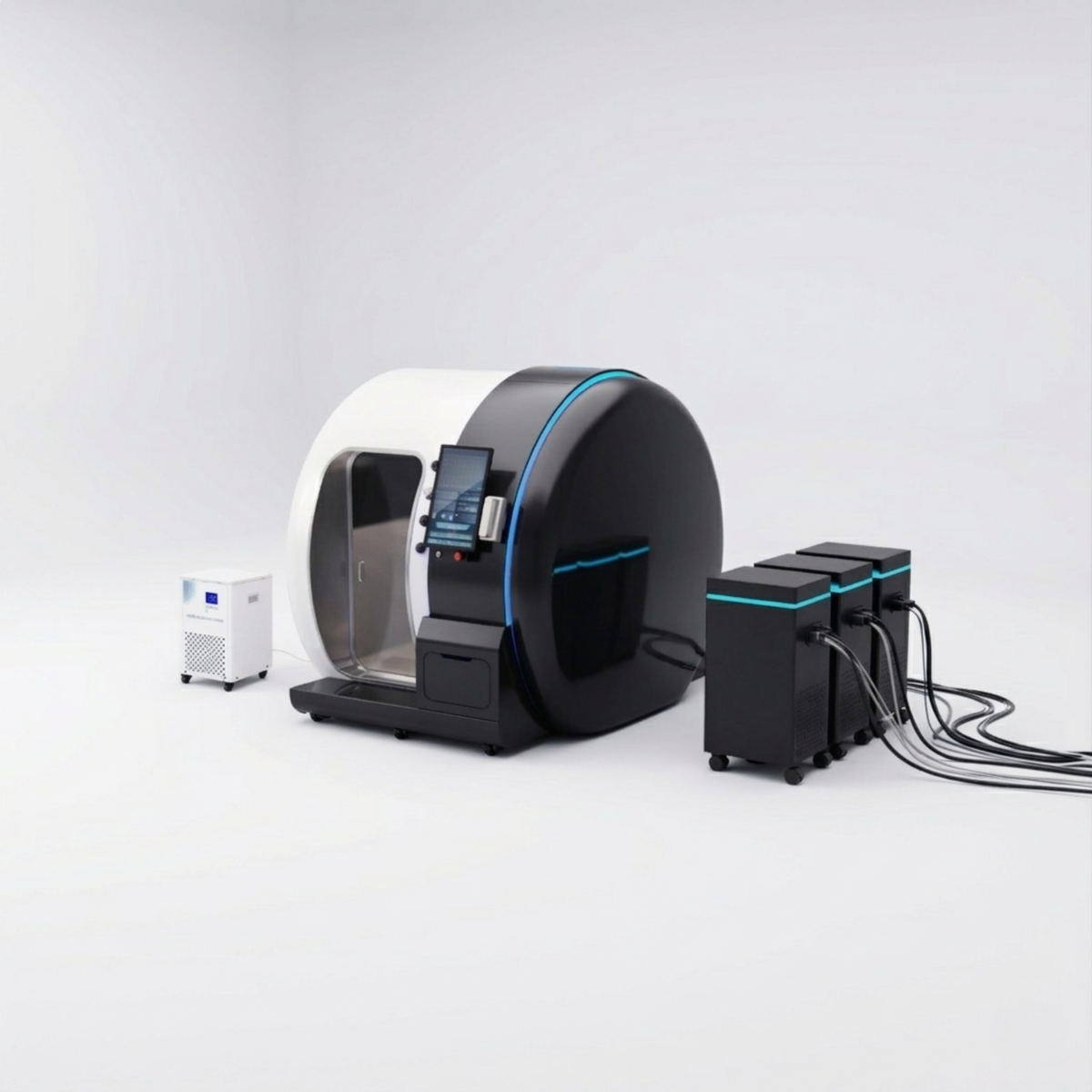 Oxyair OLV-YZM01 Two-Person 2.0 ATA Hard-Shell Multiplace Hyperbaric Chamber – black and white chamber with machines