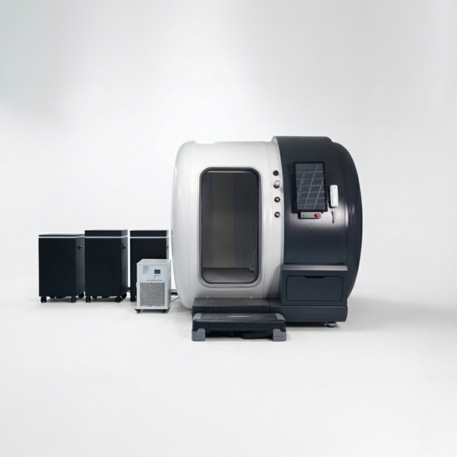 Oxyair OLV-YZM01 Two-Person 2.0 ATA Hard-Shell Multiplace Hyperbaric Chamber – chamber beside its support machines
